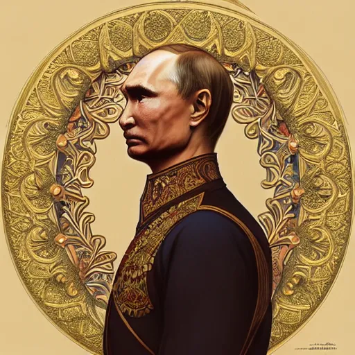 Image similar to a portrait of a putin, upper half portrait, decorated with russian motifs, traditional russia, intricate, elegant, highly detailed, symmetry, headpiece, digital painting, artstation concept art smooth sharp focus, illustration, art by artgerm and greg rutkowski alphonse mucha 8 k