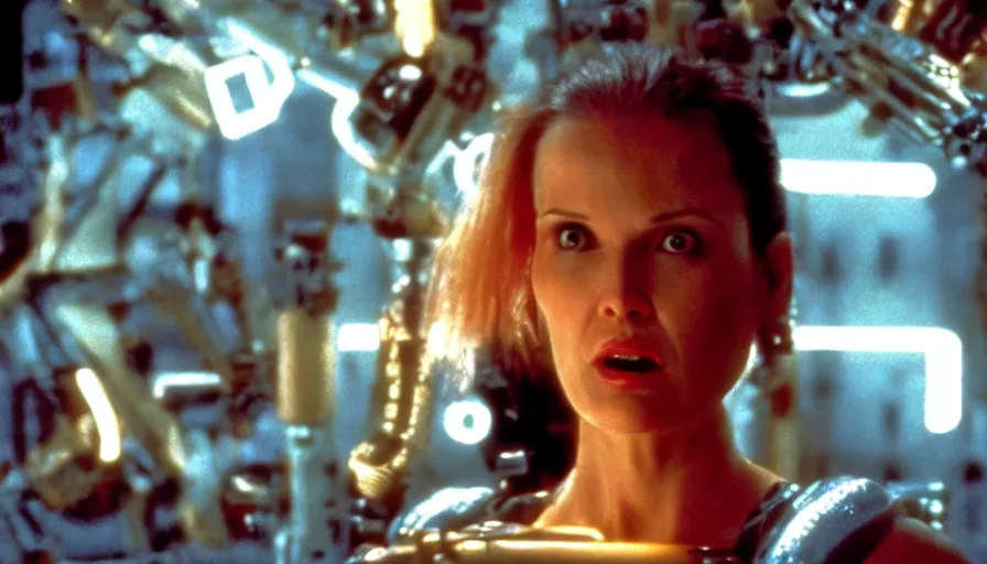 Image similar to perpetual motion machine intense moment, cinematic stillframe, dramatic lighting, The fifth element, vintage robotics, starring Geena Davis