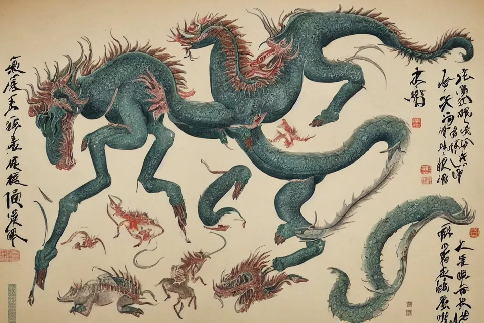 Image similar to Vintage, detailed, colored sketch of mythical creature anatomy, full body, with full descriptions, Chinese painting.