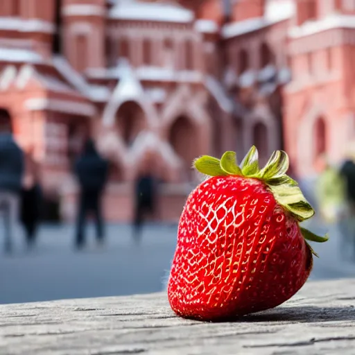 Image similar to super wide shot of giant strawberry on red square, 4 k, bokeh