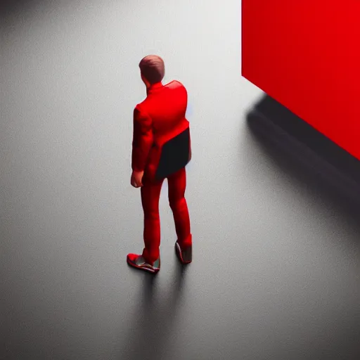 Image similar to isometric view of a man with a red jacket. walking towards a red futuristic motorbike. hyper realistic, dramatic lighting, ultra detailed, sharp focus, wide angle, digital illustration, trending on artstation