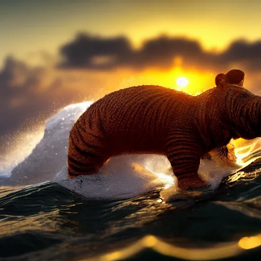 Prompt: a closeup photorealistic photograph of a cute smiling knitted tiger hippopotamus riding an epic wave at sunset. surf in the background. professional capture. brightly lit scene. this 4 k hd image is trending on artstation, featured on behance, well - rendered, extra crisp, features intricate detail, epic composition and the style of unreal engine.