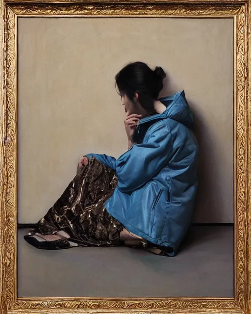 Image similar to a ultradetailed beautiful panting of a stylish woman sitting on the floor in a tiled room, she is wearing an oversized jacket, night time, highly detailed face, oil painting, by ruan jia