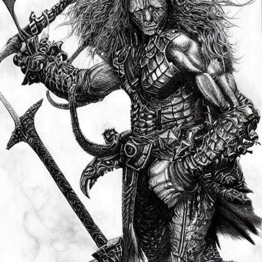 Prompt: arnold swarchenegger with giant sword, intricate detailed dark fantasy art by kentaro miura