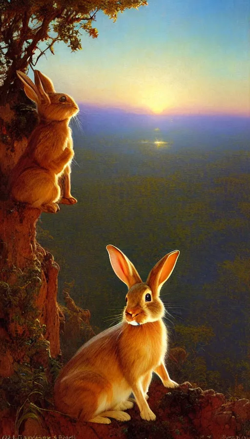 Image similar to hyper realistic rabbit looking off of a cliff, sun setting behind rabbit, lush forest in valley below, painted by gaston bussiere, craig mullins, j. c. leyendecker 8 k