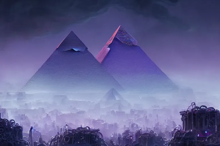 Prompt: An Eldritch Organic Dystopian Empire of The Void made of eyeballs and tentacles, Purple and Blue colored, 4k, Pyramids. masterpiece, cinematic, glowing, by Greg Rutkowski, Trending on Artstation, Behance. Polished, Volumetric Lighting