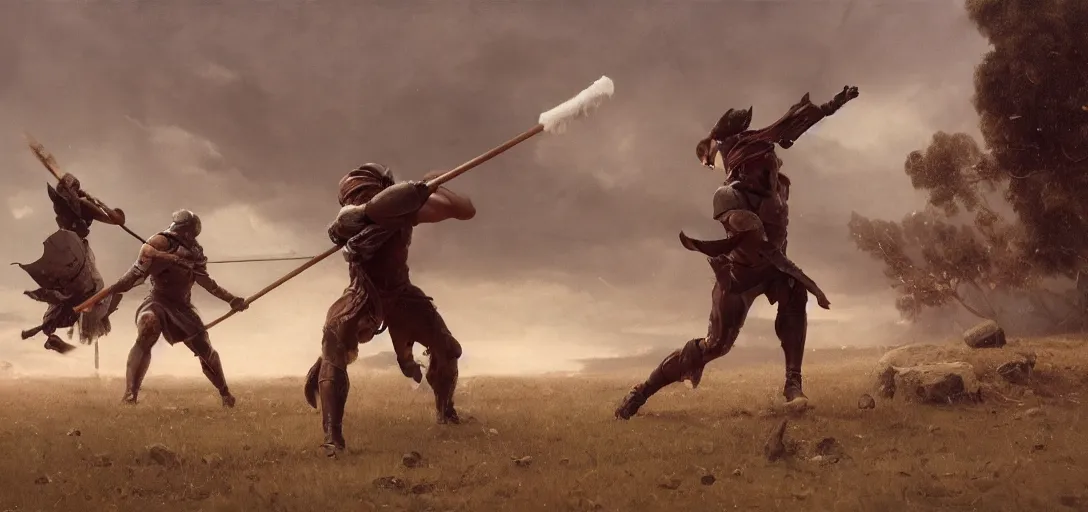 Image similar to Throwing a javelin into the back of a friend, spartan, wide shot, small scale, intimate moment, octane render, 8k, by Greg Rutkowski Ilya Repin Greg Duran