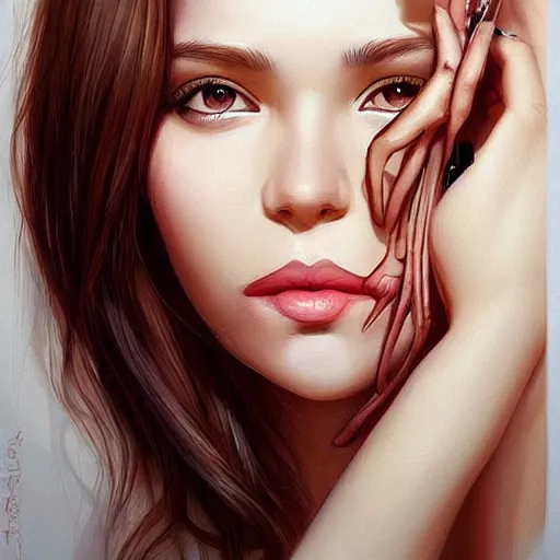 Image similar to a mouth a bit open, two eyes half closed, half a smile on her soul, a beautiful portrait on the wall. by artgerm and Alina Ivanchenko