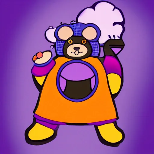 Image similar to cartoon animated bear wearing clothes being launched out of a futuristic machine into a purple and orange cloud land