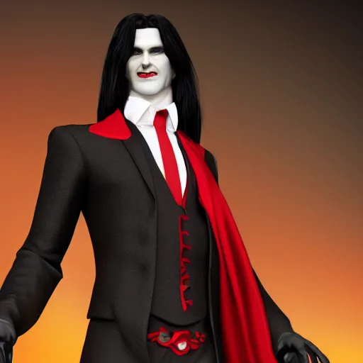 Image similar to a vampire, male, mid - 3 0 s aged, long black hair, clean shaven, dressed formally in red and black, high fantasy, realistic, highly detailed, 8 k.