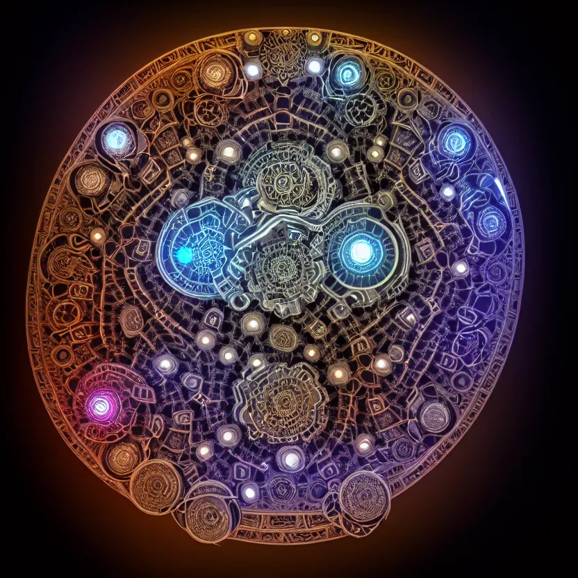 Prompt: a fractal mandala of cyborg components, fine details, digital art, volumetric lighting, cinematic light, photorealistic