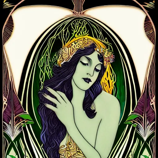 Prompt: ethereal, numinous goddess of the forest draped in magic by Tina lavoie, art deco, art nouveau, ornate border