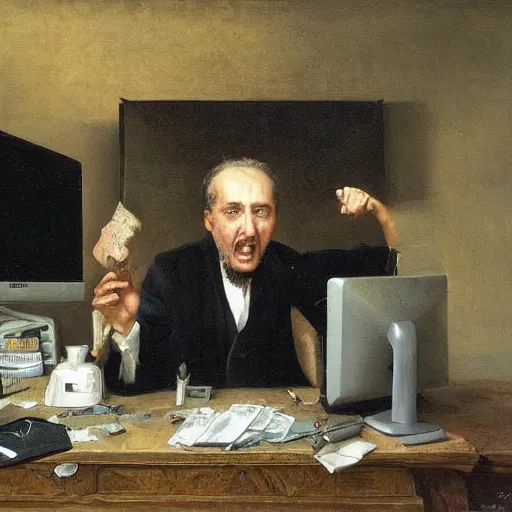 Image similar to an angry man yells at his computer monitor, oil on canvas, 1 8 8 3, highly detailed