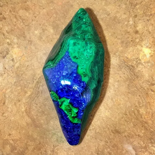 Prompt: large crystal displayed in a museum. organic and complex shape. vibrant blue azurite and green malachite. photo realistic. intricate. detailed.