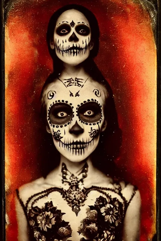 Image similar to calotype, tintype, virgin mary in dia de muertos dress and make up, horrific beautiful vibe, evocative, atmospheric lighting, painted, intricate, highly detailed, leesha hannigan, wayne haag, reyna rochin, ignacio fernandez rios, mark ryden, iris van herpen, stunning, gorgeous, sharp focus, cinematic, masterpiece