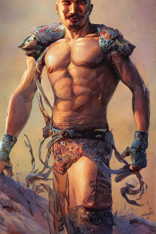 Image similar to beautiful gorgeous bald kazakh guy with a short beard, painted by tom lovell, alex malveda, greg staples