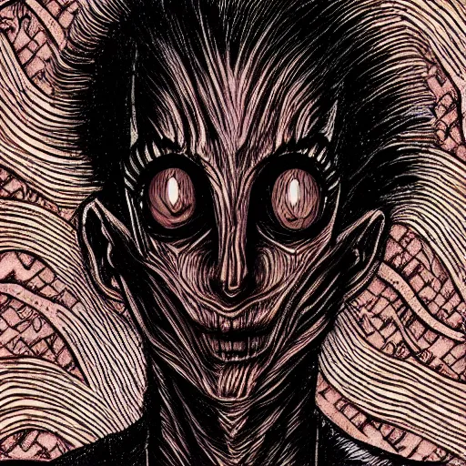 Image similar to a dark brown humanoid, hyper detailed, in the style of junji ito and and junji ito and junji ito, selfie