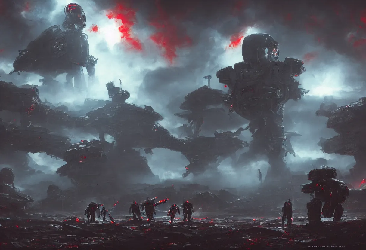 Prompt: one eerie alien war robot kills astronauts in brutal space bloodbath, colorfully apocalyptic ominous background, minimalism, hyper realism, matte painting, realistic, dramatic lighting, octane render, highly detailed, cinematic lighting, cinematic, art by rutkowski and frazetta and rembrandt