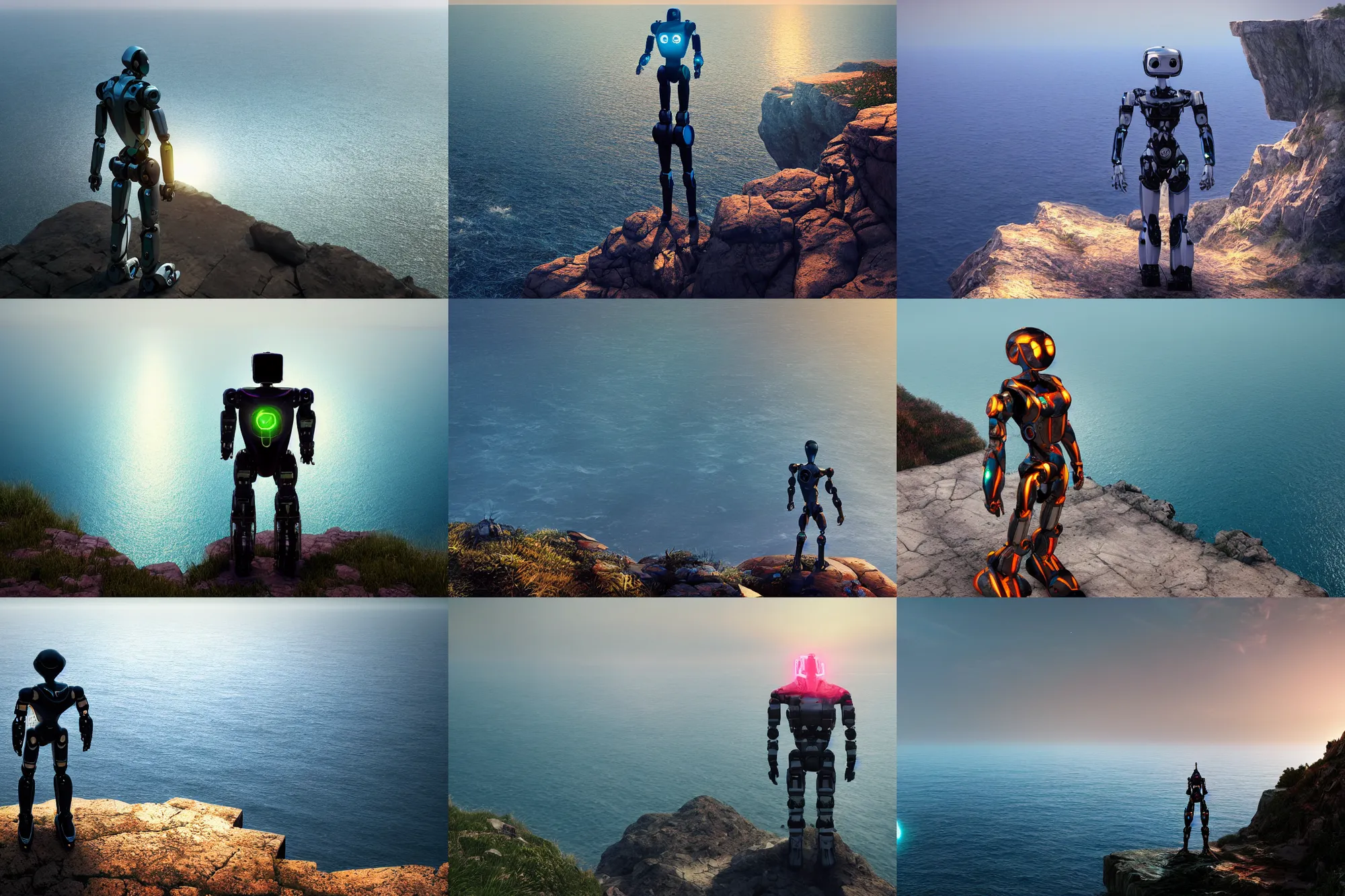 Prompt: humanoid robot, ( standing on top of a large cliff ) overlooking the sea, greg rutkowski, shishkin, neon glow, volumetric illumination, ray tracing, cryengine, hdr render in unreal engine 5