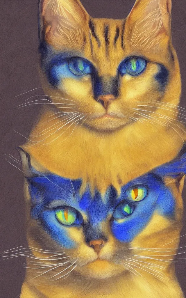 Image similar to Bastet sublime cat goddess Egyptian aesthetic yellow gold eyes blue fur, fine oil portrait digital art, sharp colors