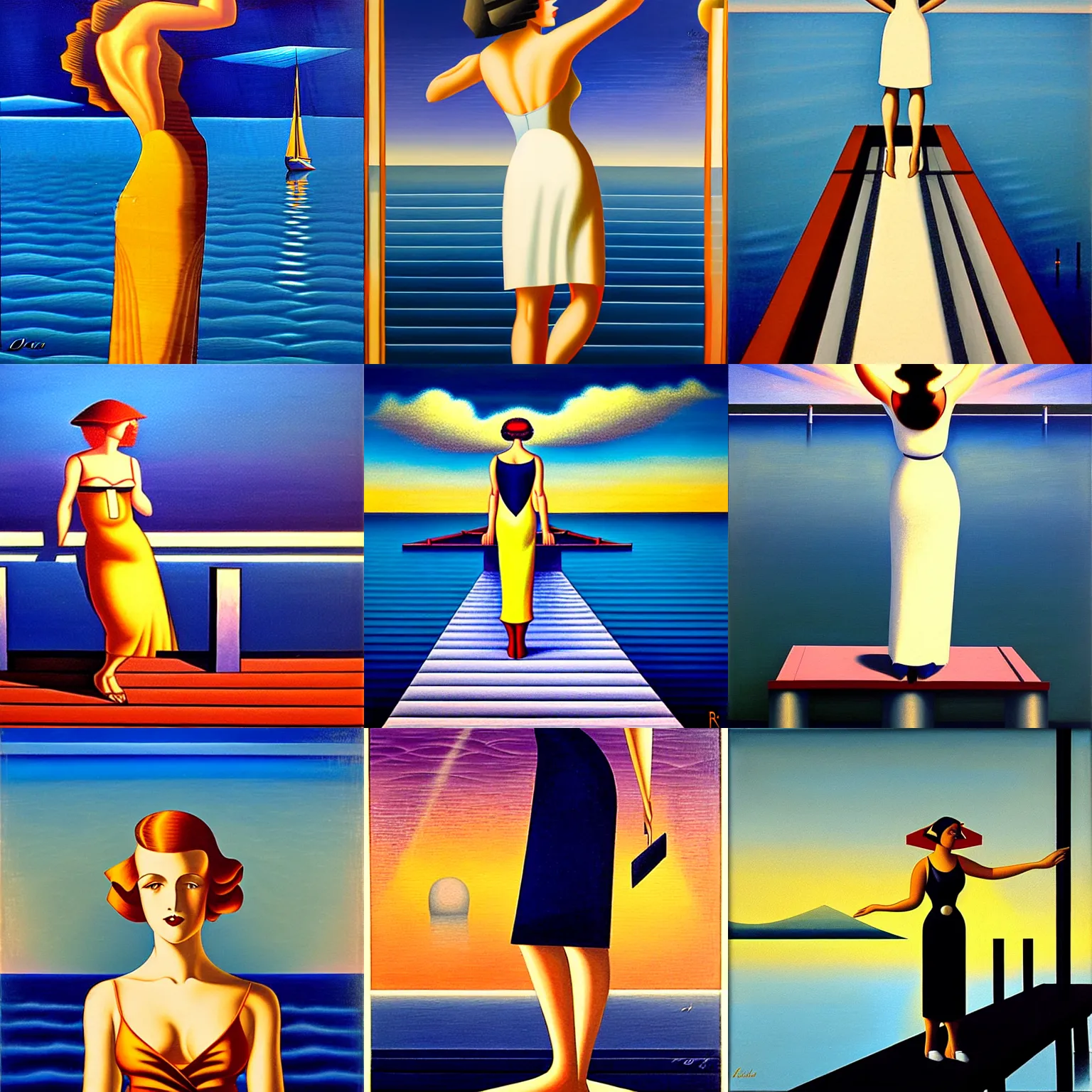 Prompt: an art deco painting of a woman standing on a dock by rafal olbinski, pixabay contest winner, precisionism, art deco, surrealist, chiaroscuro