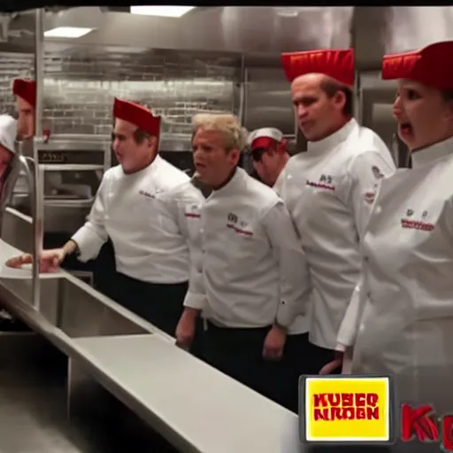 Image similar to gordon ramsay yelling at burger king employees in the burger king kitchen on kitchen nightmares. the employees are lined up and in their burger king uniforms. 4 k broadcast