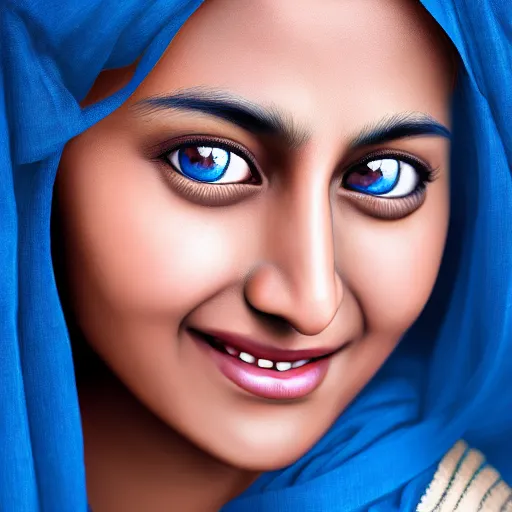 Image similar to highly detailed full body portrait of south asian happy woman in, studio portrait, grey colored eyes, blue colored wear, photo by jerry ghionis, hyper realistic, concept art, 8 k detail post - processing