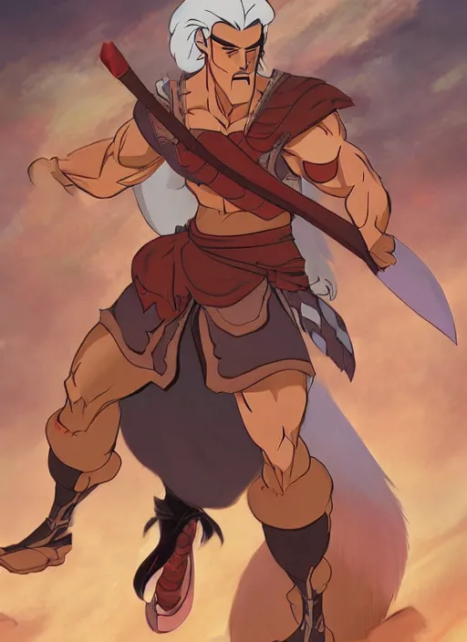 Image similar to official digital painting artwork of a male warrior character by don bluth, ross tran and studio ghibli.