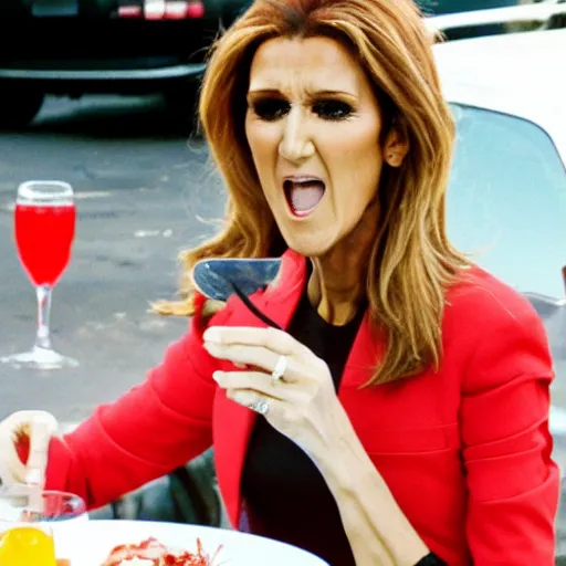 Prompt: celine dion eating lobster, outside in parking lot