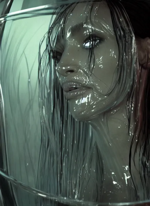 Prompt: film still of kim kardashian inside a glass chamber unconscious. wearing a bikini, slathered in a transparent alien liquid. wet flowing hair, goo, illustration, unreal engine 5, 8 k, directed by h. r. giger.