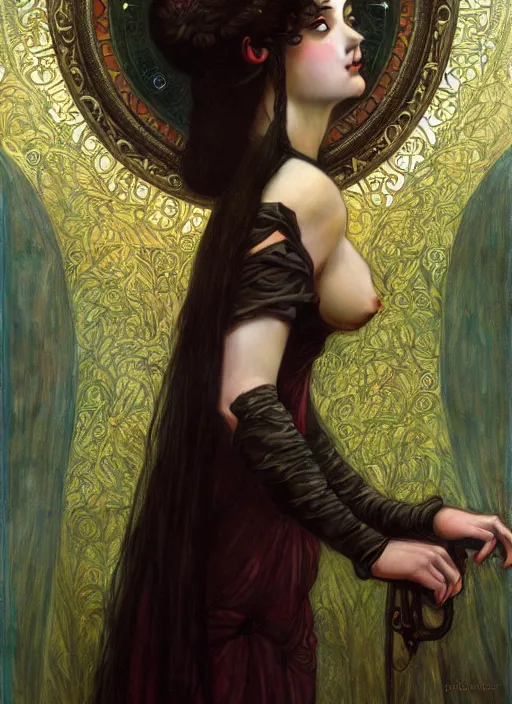 Image similar to hyper detailed masterpiece vampire girl duchess by donato giancola and tom bagshaw, face by artgerm and edmund leighton, and alphonse mucha, trending on artstation, dreamlike, melancholy aesthetic, ornate, background by gustav klimt, 8 k, black gothic, majestic, volumetric lighting, porcelain skin, concept art, sharp focus