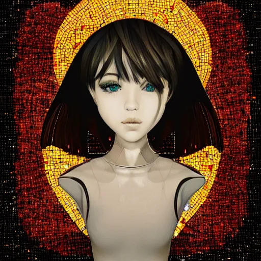 Image similar to mosaic portrait of a beautiful cute girl with robot ears by Saimir Strati, 4k, intricate details, digital, Serial Experiments Lain