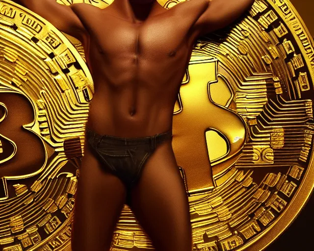 Image similar to attractive oiled up glossy man posing in front of a huge golden bitcoin, angelic light, commercial by annie liebovitz, gaston bussiere, craig mullins, j. c. leyendecker, photorealistic, trending artstation, 8 k, smooth