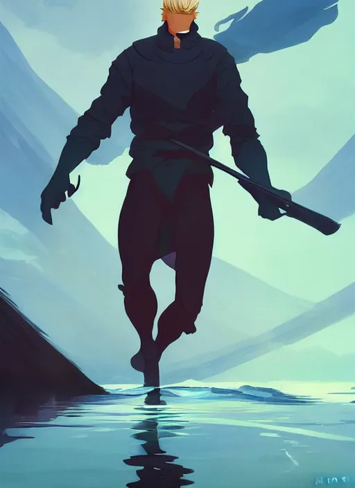 Prompt: young blonde beautiful male boy assassin walking on water, heroic, glorious, in the style of artgerm, gerald brom, atey ghailan and mike mignola, vibrant colors and hard shadows and strong rim light, plain background, comic cover art, trending on artstation