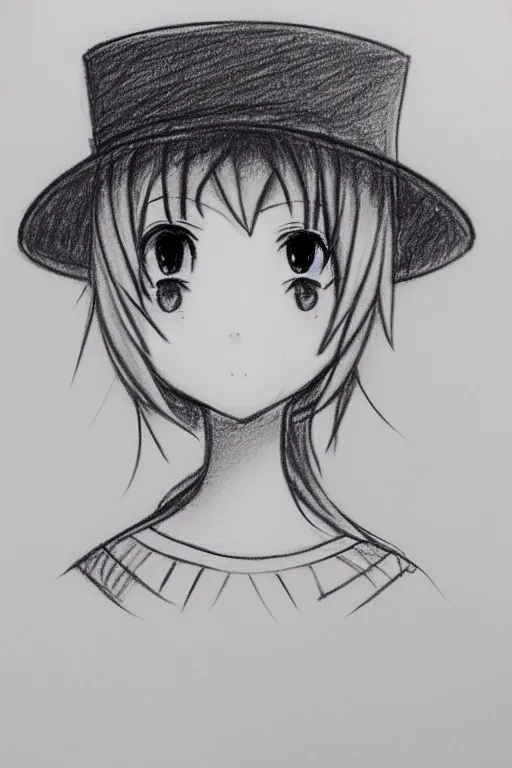 Prompt: cute loli in a tall grey top hat, face profile, pencil sketch, gray scale, anime style