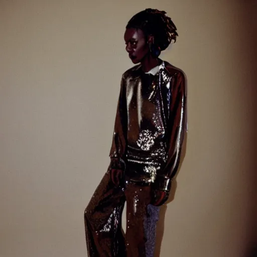 Image similar to realistic! photoshoot for a new maison margiela lookbook, color film photography, portrait of a beautiful woman, in style of tyler mitchell, 35mm