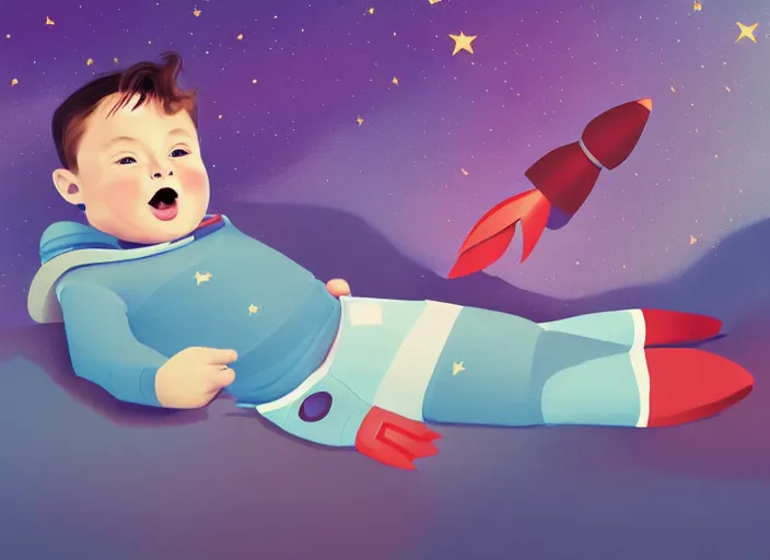 Prompt: toddler elon musk lying on a fluffy rug playing with his space rockets, painterly, soft evening lighting, artstation