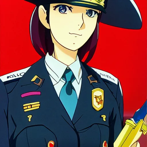 Image similar to close - up portrait of police woman, animation cel for anime movie, designed by haruhiko mikimoto, studio trigger, gainax, intense colors