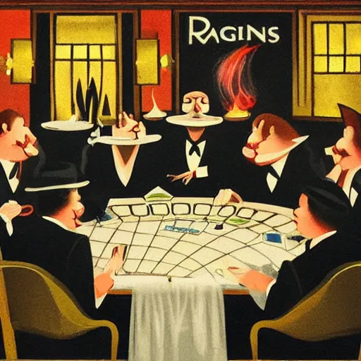 Prompt: fat cats gambling at a table with a single light overhead, dark room, smoke fills the room, roaring 2 0 s american art style