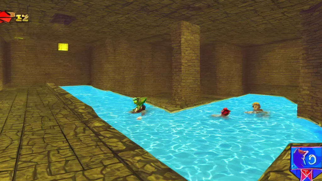 Image similar to Screenshot from Zelda Ocarina Of Time at an indoor swimming pool