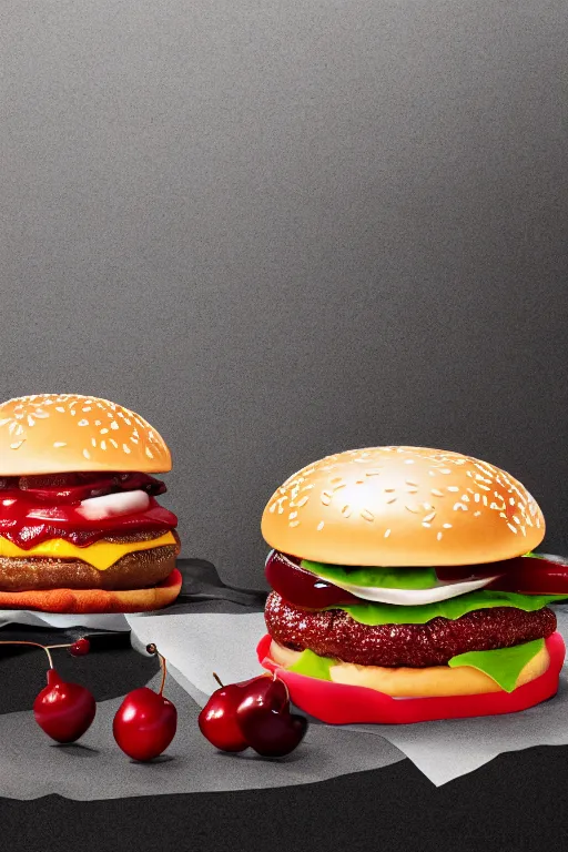 Prompt: mcdonalds hamburger covered in cherries, commercial photography