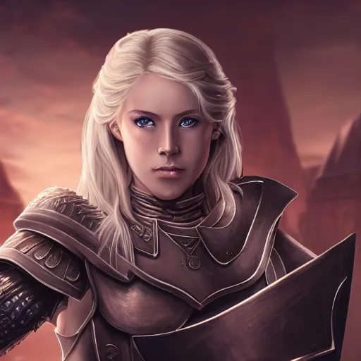 Prompt: fantasy RPG symmetrical portrait, centered shoulders up view, young blonde woman, blonde hair, blue eyes, level 1 plate armour, pale skin, 4k,in Gloomhaven style, highly detailed, soft lighting 8k resolution