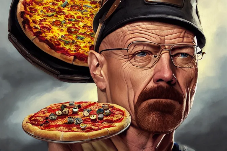 Image similar to epic portrait of walter white with pizza on his head from breakingbad, detailed, digital painting, artstation, concept art, donato giancola, joseph christian leyendecker, wlop, boris vallejo, breathtaking, high details, extremely detailed, establishing shot, artistic, hyper realistic, still shot from breakingbad series - h 1 2 8 0