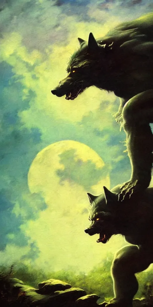 Prompt: by frazetta ,close up of werewolf realistic ,full body backlight ,top light ,full body portrait ,highly textured oil painting ,jungle ,cyan graveyard ,foggy background ,with dramatic sky ,clouds and giant oversized moon and storm