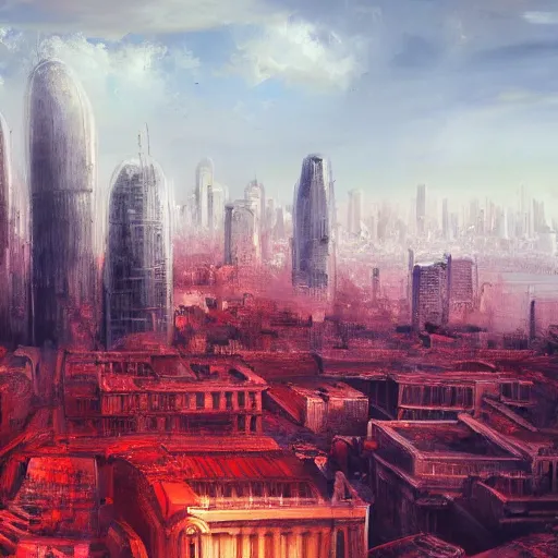 Prompt: realistic landscape painting of big city with buildings all stained with blood,made by Michaelangelo, physical painting, Sharp focus,digital art, bright colors,fine art, trending on Artstation, unreal engine.