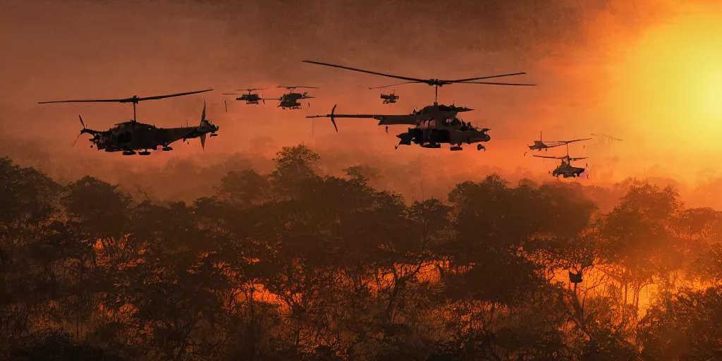 Prompt: Painting of vietnam Huey Helicopters, above a forest, orange sun set, abstract, realism, 8k, detailed, octane render, glow, war