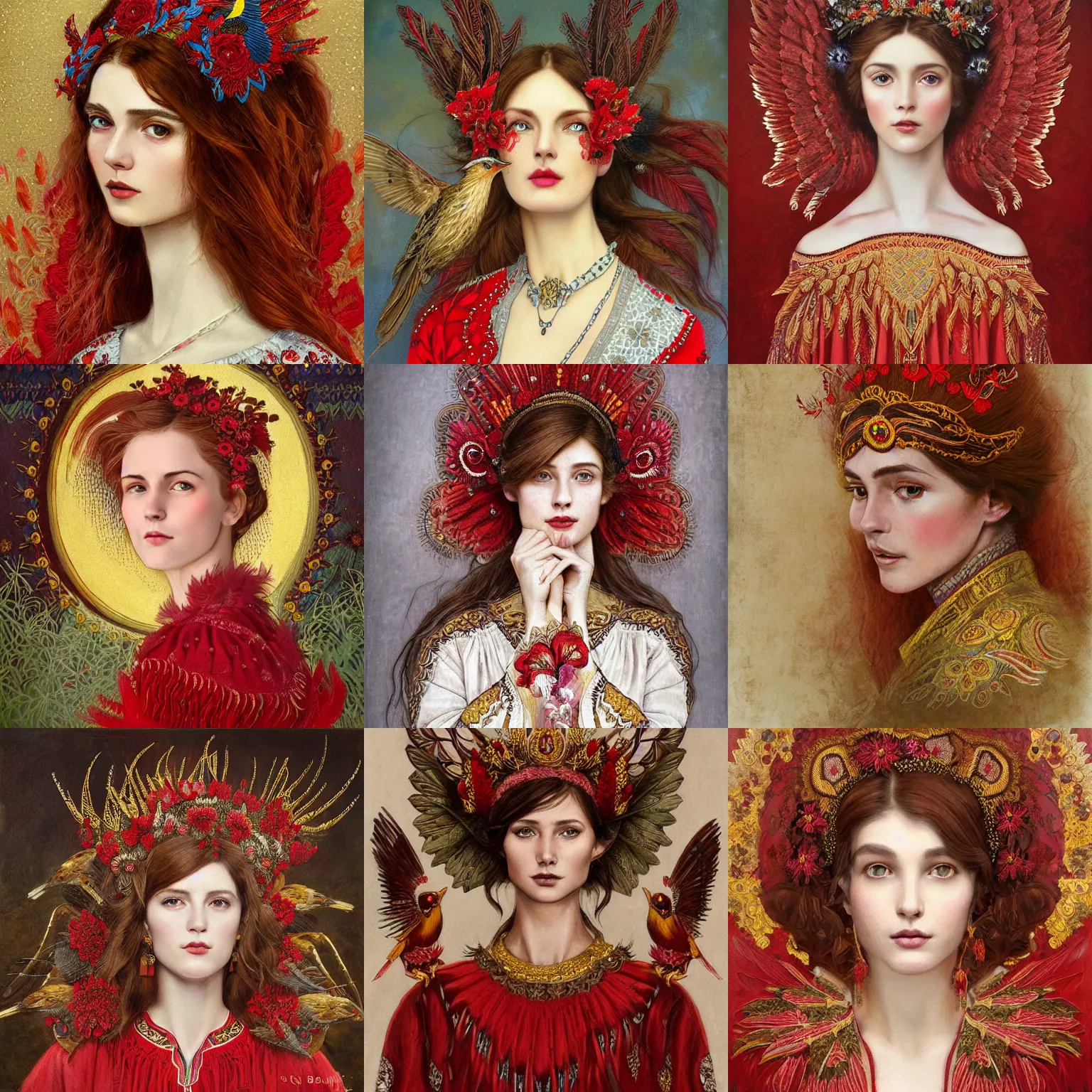 Prompt: the brown - haired lady with red wings, in red embroidery shirt ukrainian national costume, filigree crown with textile embroidery flowers, ukrainian heroine with red crow, pre - raphaelite beautiful, playful smile, detailed portrait, intricate complexity, acryl painting in the style of charlie bowater, tom bagshaw, alexis franklin, elena masci, pawel rebisz