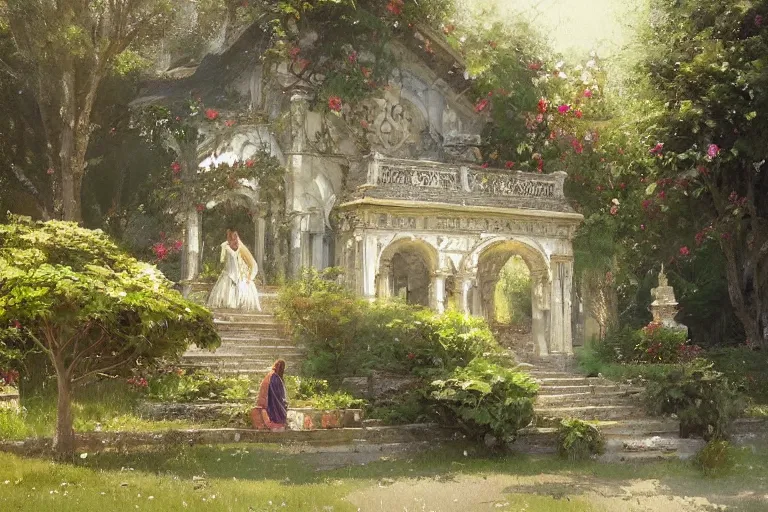 Image similar to a beautiful painting of the garden, shrine, two people, by greg rutkowski, trending on artstation