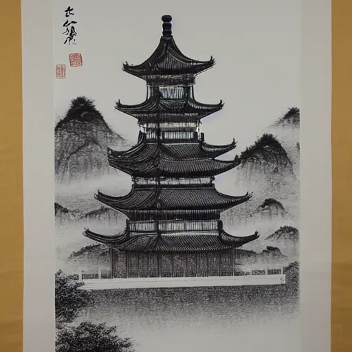 Image similar to taiyuan twin pagodas, chinese ink painting, monochrome,