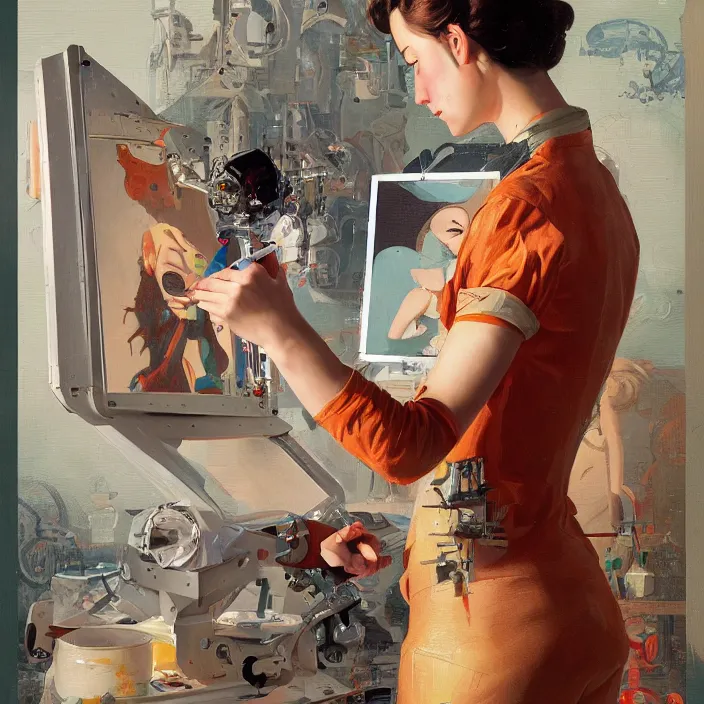 Image similar to robot artist painting a self - portrait on a canvas. intricate, highly detailed, digital matte painting, in the style of sachin teng, and in the style of hans thoma, and in the style of gil elvgren. irony, recursion, inspiration.